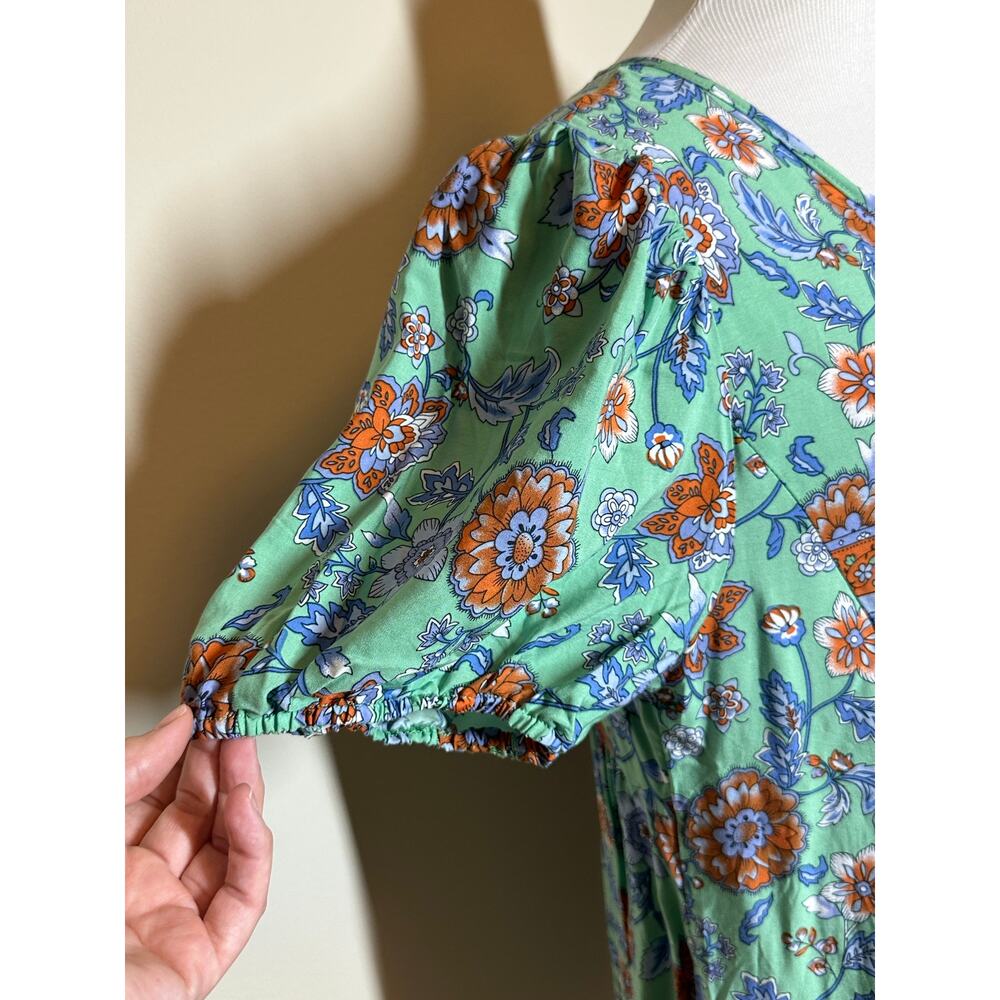 anna-kaci Green Dress Short Sleeve V Neck Knee Length, Floral Boho Sz L NWT - Picture 6 of 12